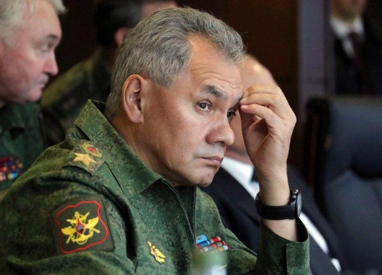 3195051 09/18/2017 Defense Minister Sergei Shoigu participating in President Vladimir Putin's visiting inspection of the Russia and Belarus Union State armed forces activities at the main stage of the joint strategic exercises "Zapad-2017) on the Luzhsky range, September 18, 2017. Michael Klimentyev/Sputnik