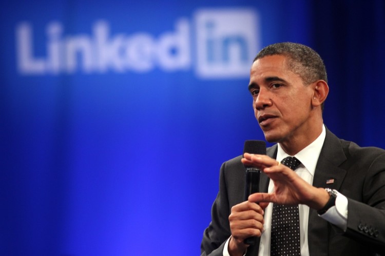 Президент США Барак Обама выступает на мероприятии, организованном LinkedIn. Фото: AFP / Scanpix