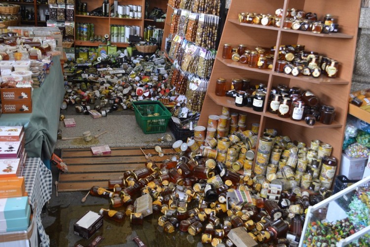 epa06100686 Fallen products are seen in a super market following an earthquake on the island of Kos, Greece, 21 July 2017. Two earthquake-related fatalities were reported on the island of Kos in the early morning hours of 21 July, while several others were injured from a strong 6.7 magnitude earthquake that shook the island and much of the southeast Aegean region and southwestern Turkey. A 39-year-old Turk and a 27-year-old Swede are reportedly dead, according to sources. Five persons who have been seriously injured were transferred to the Heraklion University Hospital in Crete. Some buildings have suffered serious damage. The island's port has sustained damage while the airport is operating normally.  EPA/GIANNIS KIARIS