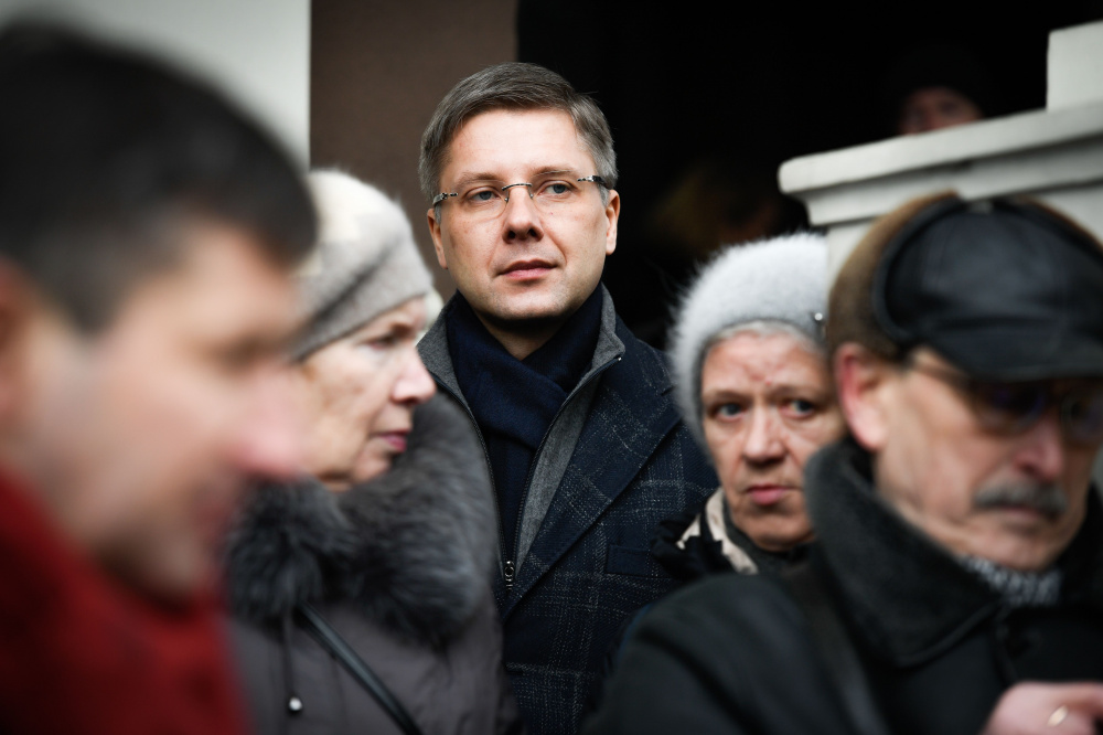 Мэр Риги Нил Ушаков во время митинга в его поддержку, 9 февраля 2019 г. Фото AFP/Scanpix/LETA