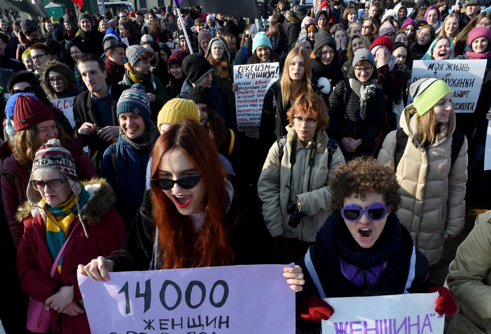 Митинг за гендерное равенство и права женщин в Санкт-Петербурге, 8 марта 2019 г. Фото: OLGA MALTSEVA / TASS / Scanpix / Leta