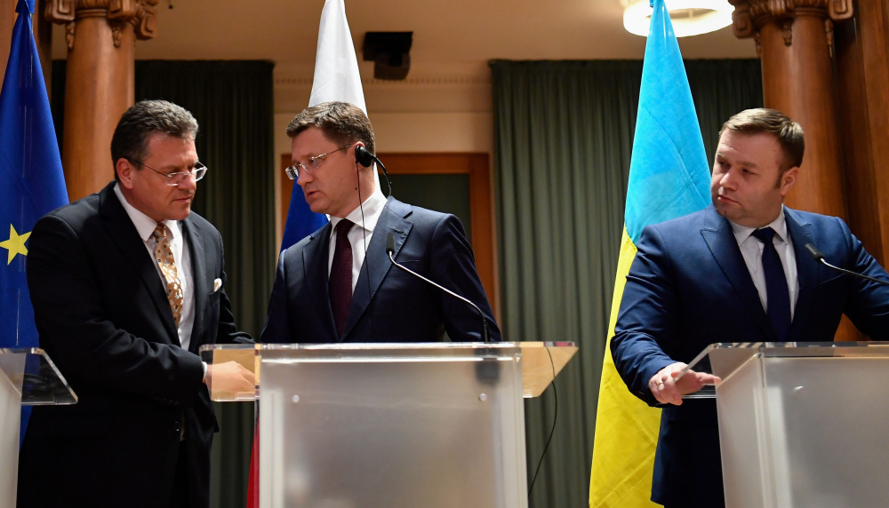  Марош Шефчович, Александр Новак и Алексей Оржаль. Фото AFP/Scanpix/Leta