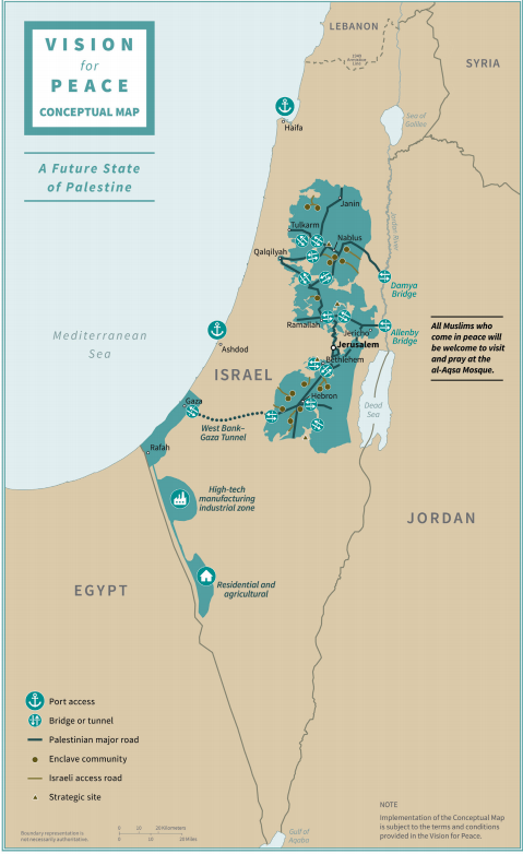 Карта, иллюстрирующая расположение Палестинского государства и Израиля после реализации плана Трампа; синим выделена территория Палестины, коричневым - Израиля после осуществления аннексии
