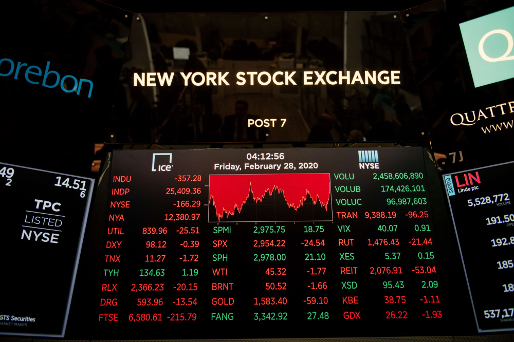 Падение котировок на Нью-Йоркской фондовой бирже 28.02.2020. Фото Scott Heins/Getty Images/AFP/Scanpix/LETA
