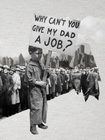 Мальчик с плакатом «Почему вы не можете дать работу поему папе?». Скриншот видео «Спектр»