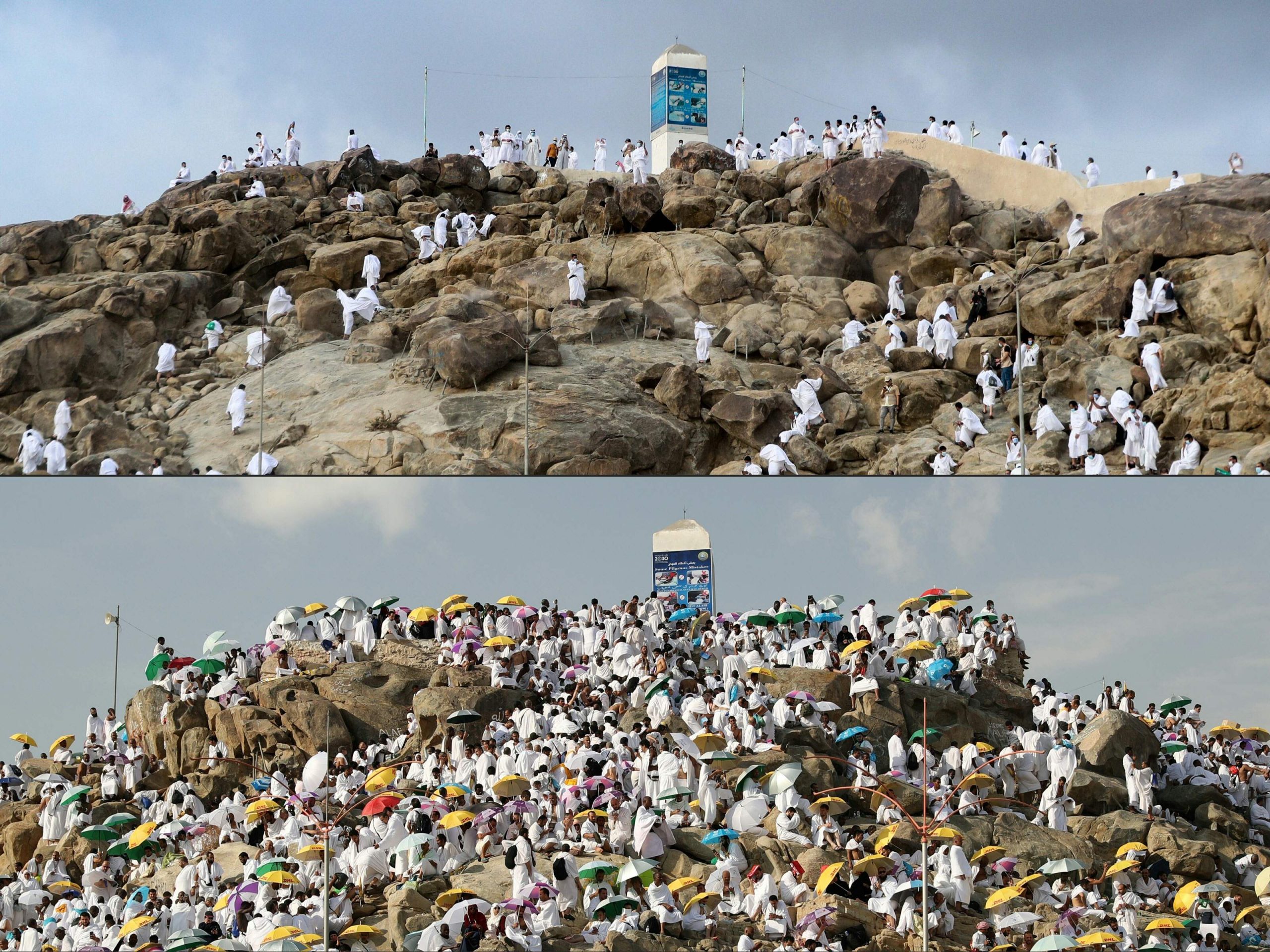 Паломники на горе Арафат в 2020 году (фото сверху) и в 2018-м (фото снизу). Фото STR and AHMAD AL-RUBAYE / AFP/ Scanpix/ Leta