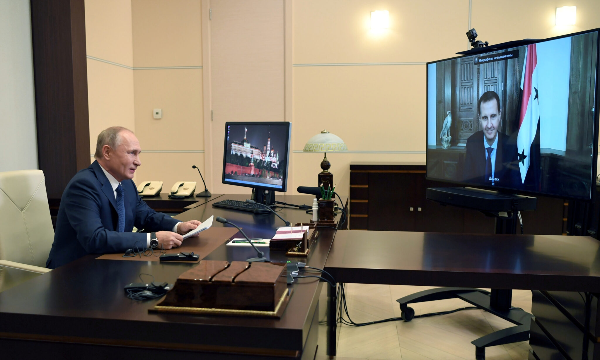Владимир Путин и Башар аль-Асад проводят онлайн-переговоры. Фото Sputnik/Aleksey Nikolskyi/Kremlin via REUTERS/Scanpix/Leta