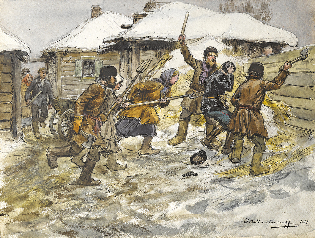 Крестьяне расправляются с большевиком. 1921 г. Коллекция А.Ружникова