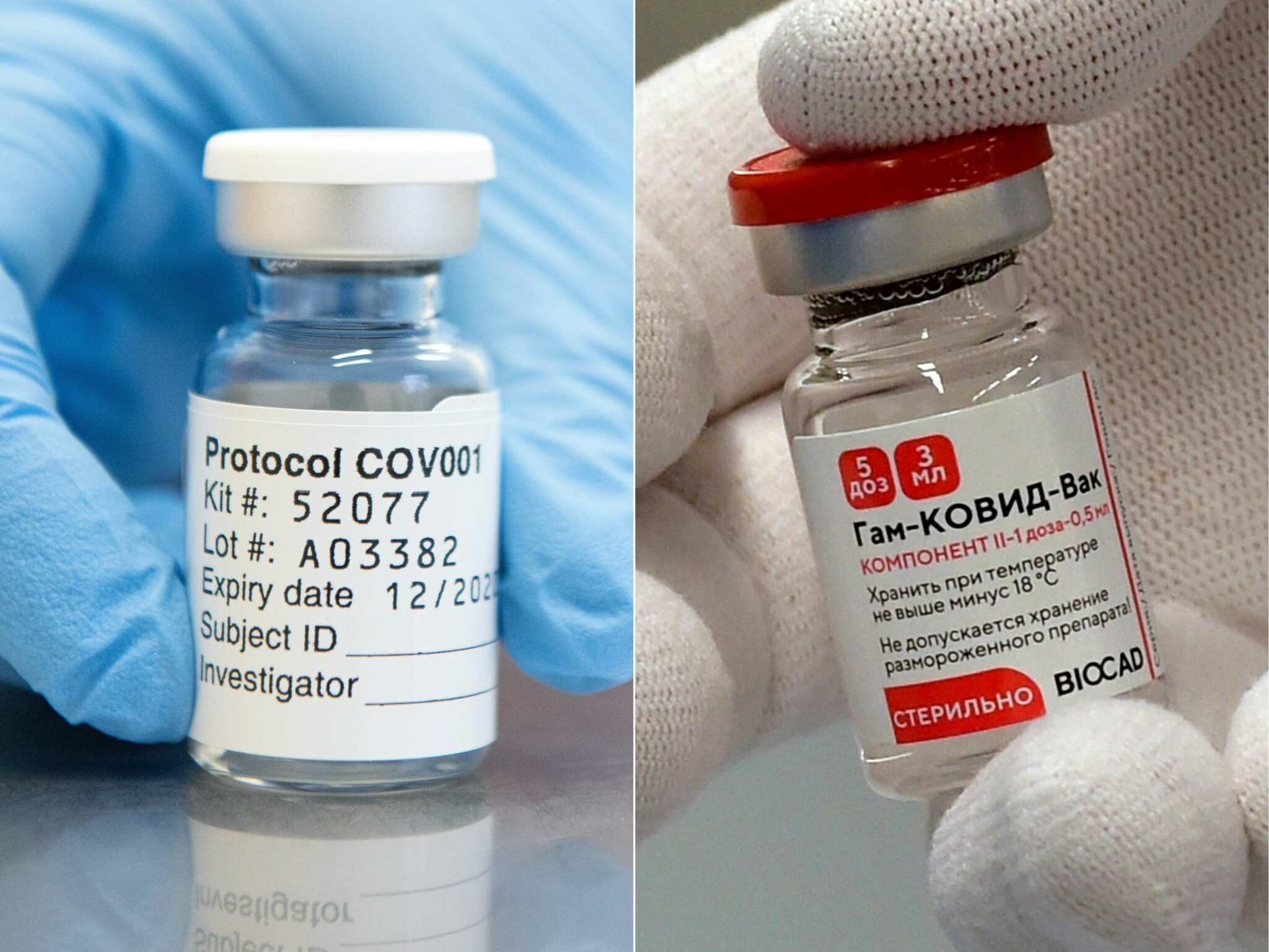 Вакцина от COVID-19 компаний AstraZeneca (слева) и центра имени Гамалеи. Фото JOHN CAIRNS OLGA MALTSEVA / TASS / Scanpix / Leta