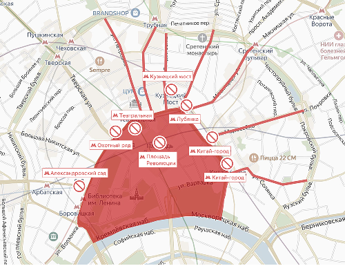 Карта ограничений движения пешеходов в Москве во время акции протеста 31 января. Иллюстрация пресс-службы ГУ МВД по Москве