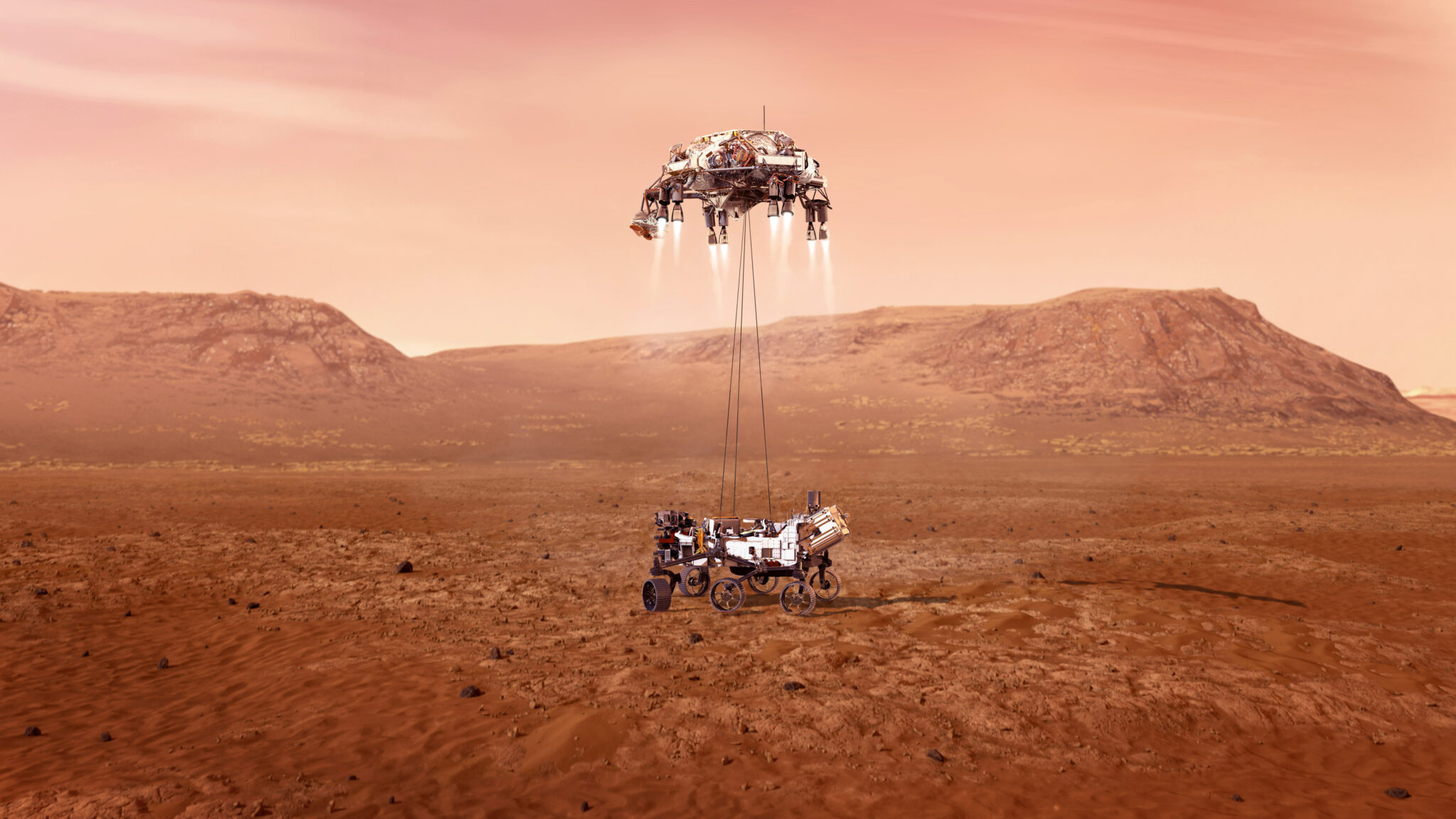 Визуализация посадки ровера «Персеверенса» на Марс. Изображение NASA/JPL-Caltech