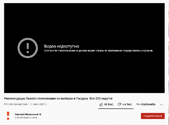 Удаленный ролик на канале Навального. Скриншот Youtube