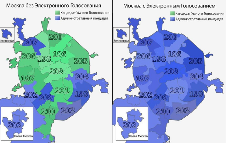 Как распределялись голоса в Москве без учета электронного голосования и с ним. Фото Twitter @olsnov