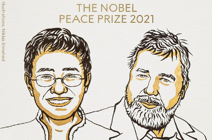 Мария Ресса и Дмитрий Муратов. Иллюстрация из Twitter Нобелевского комитета