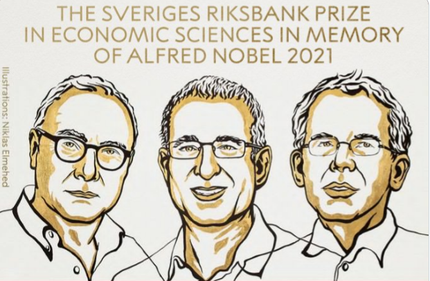 Дэвид Кард, Джошуа Ангрист и Гвидо Имбенс. Иллюстрация из Twitter-аккаунта Нобелевского комитета 