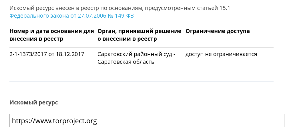 Скриншот с сайта Роскомнадора о внесении сайта torproject.org в список запрещенных сайтов.