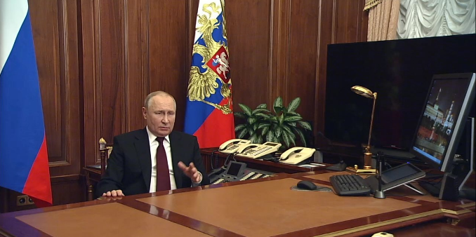 Кадр видеообращения Владимира Путина о начале военной спецоперации в Донбассе. Фото пресс-службы Кремля