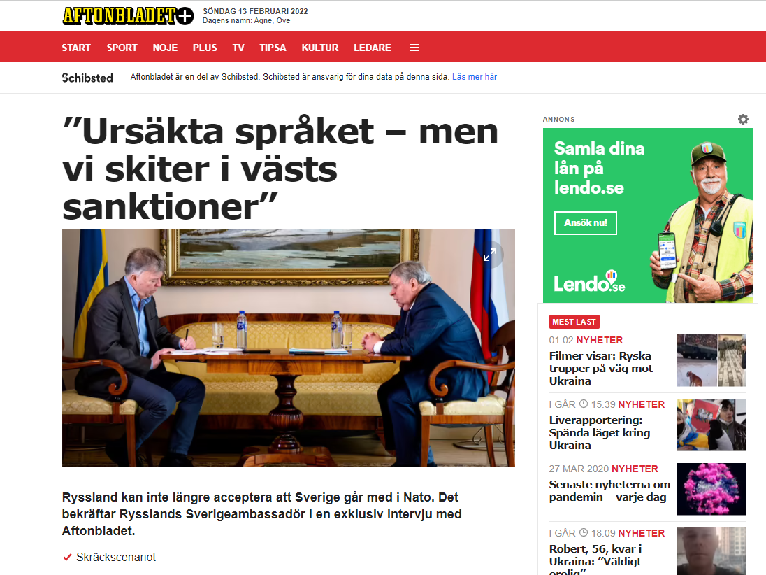 "Извините за язык - но мы срали на санкции Запада". Скриншот публикации на сайте шведской газеты Aftonbladet. 