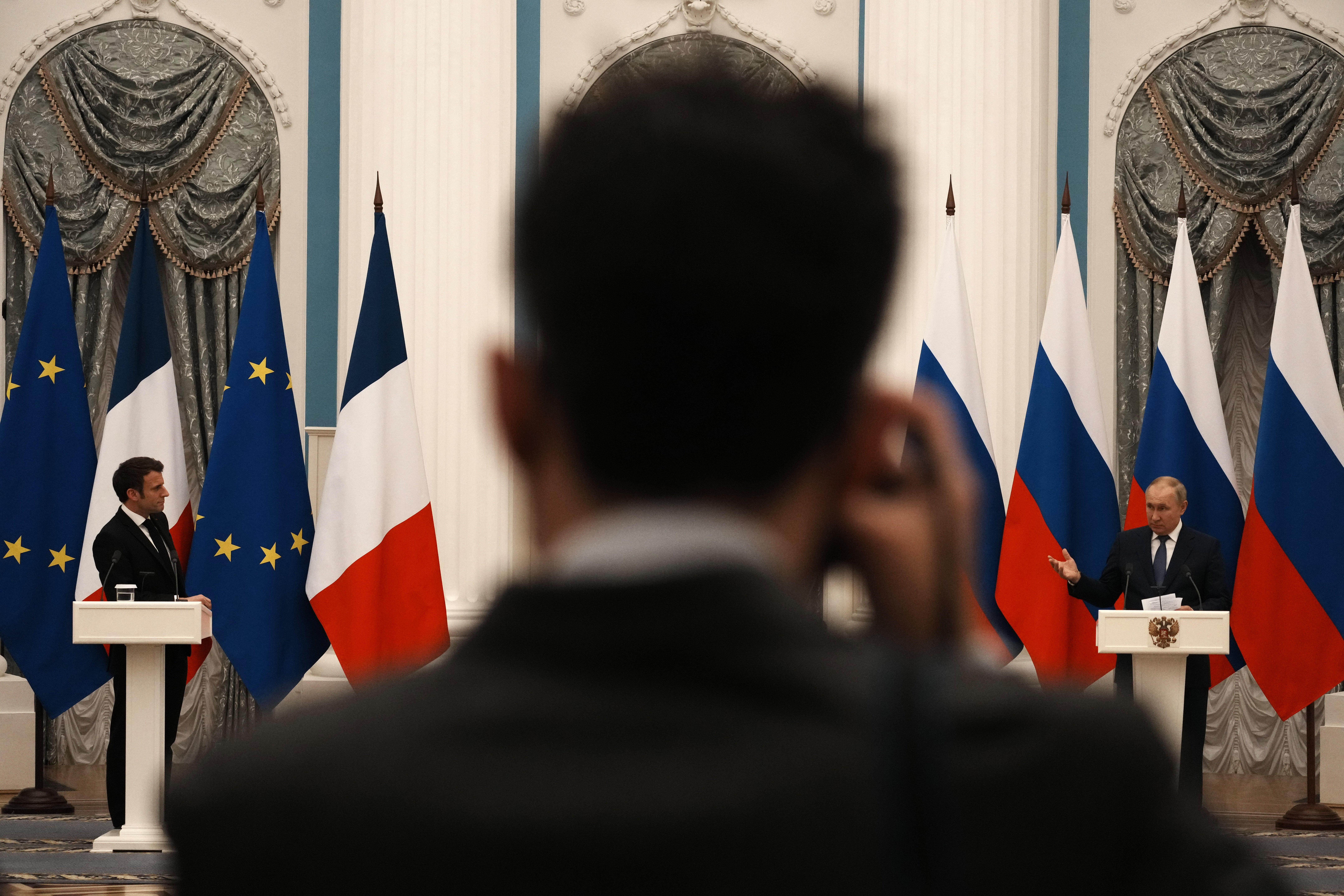 Президент России Владимир Путин на пресс-конференции с президентом Франции Эммануэлем Макроном. 7 февраля 2022 года. Фото THIBAULT CAMUS/EPA/Scanpix /Leta