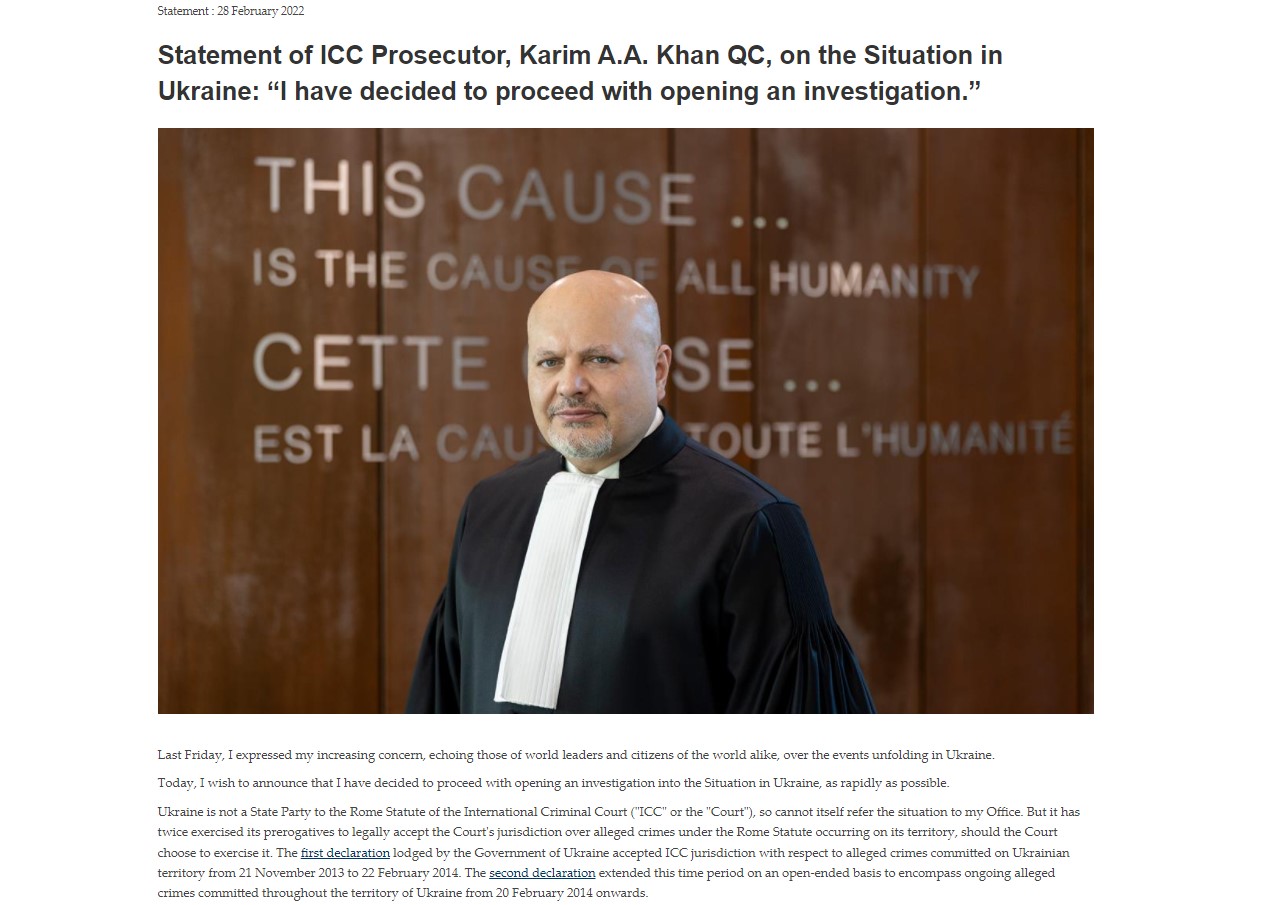 Заявление прокурора Карим Хана. Скриншот сайта Международного уголовного суда в Гааге - icc-cpi.int  