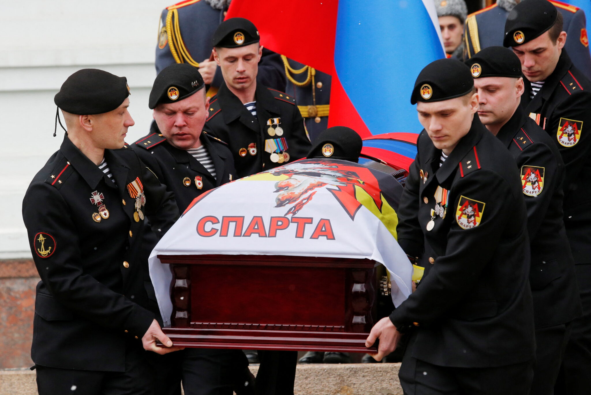 Церемония прощания с командиром батальона "Спарта" Владимиром Жогой в Донецке 7 марта 2022 года. Фото Alexander Ermochenko/Reuters/Scanpix/Leta.