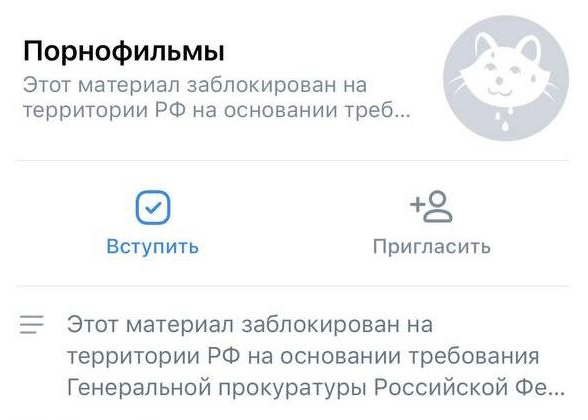 Сообщение о блокировке сообщества группы «Порнофильмы» во «ВКонтакте». Скриншот, опубликованный в телеграм-канале группы