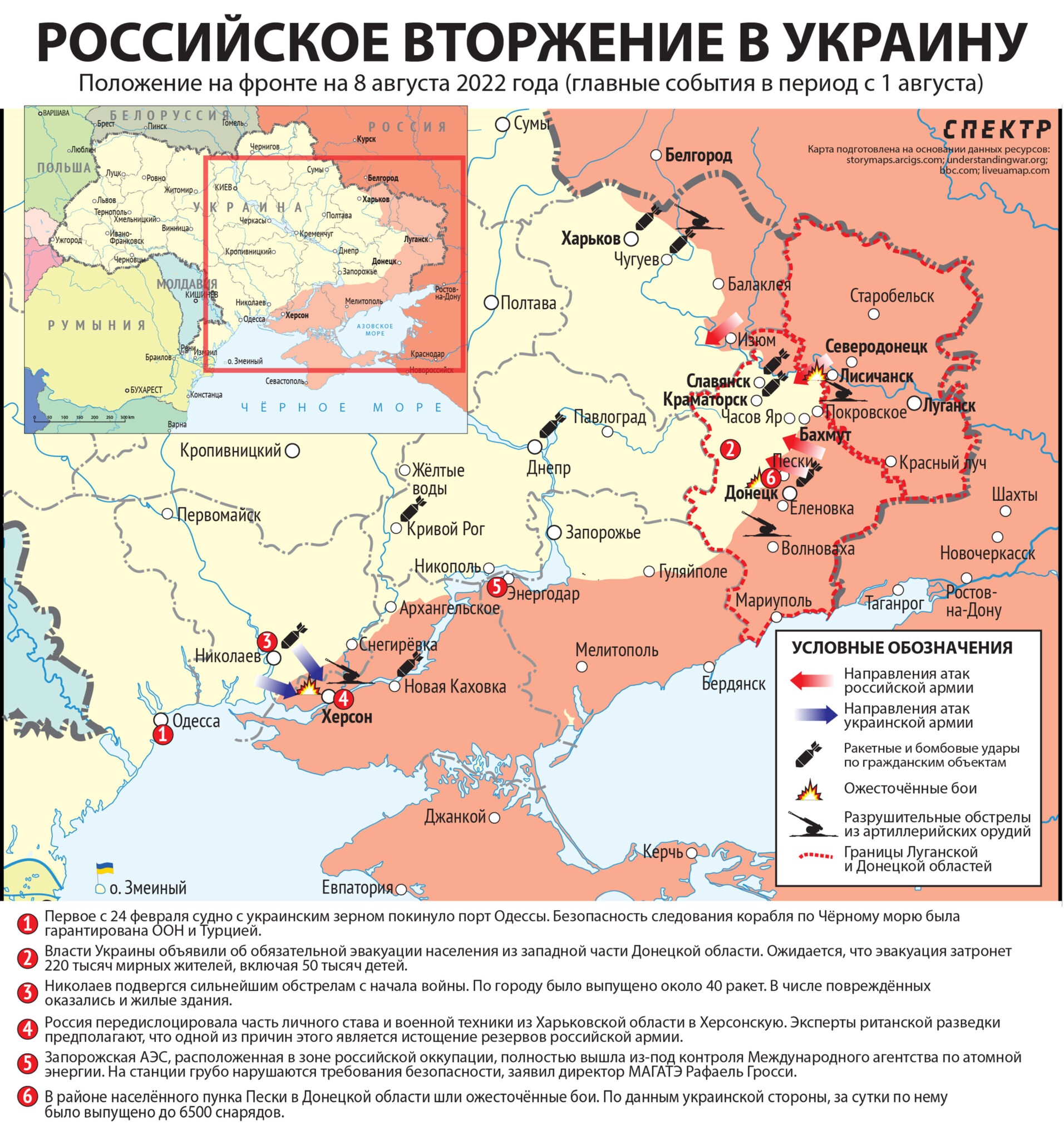 Карта российского вторжения в Украину - 01-07 августа 2022 года. 