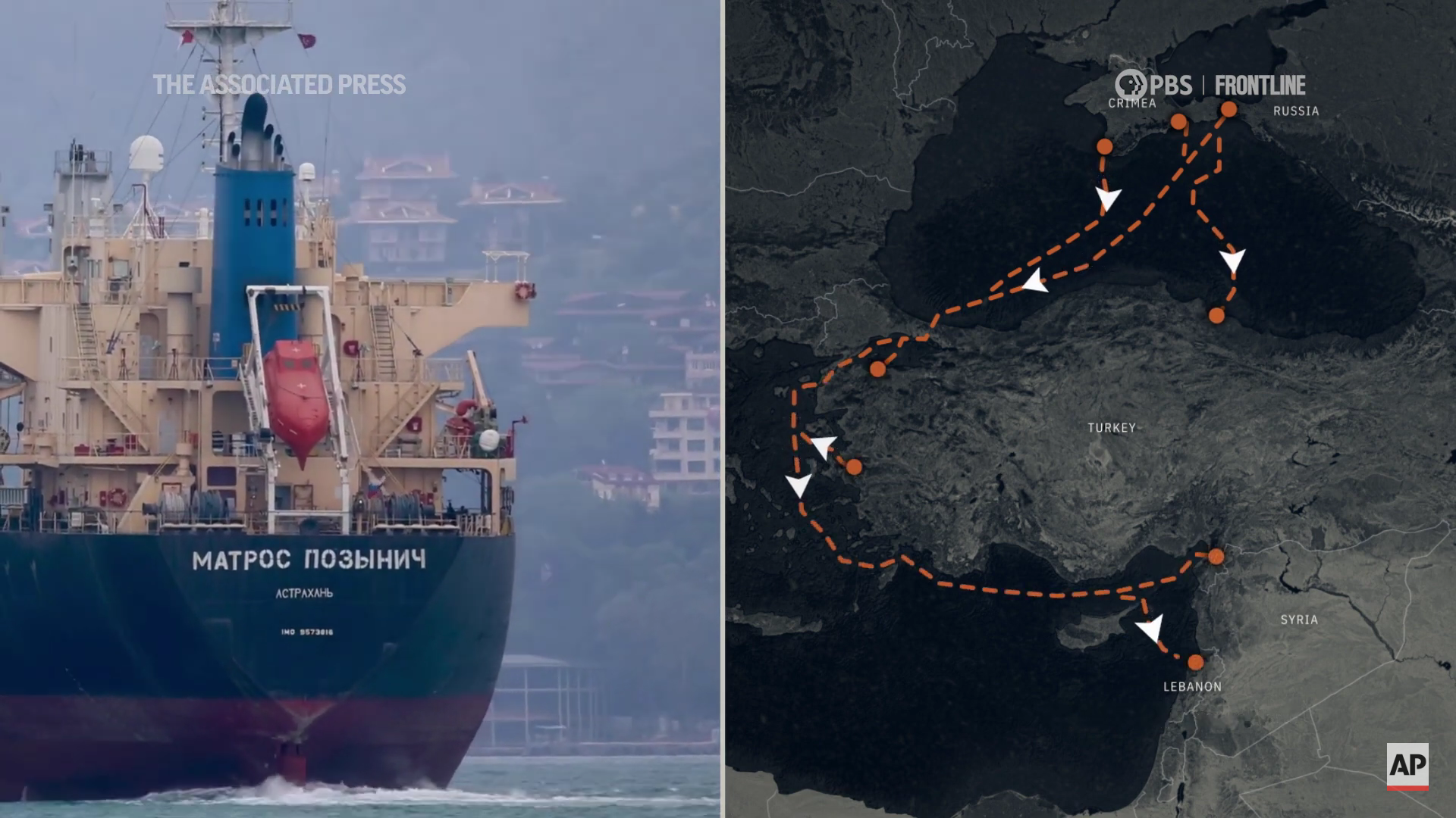 Нелегальный вывоз украинского зерна российскими кораблями. Скриншот из видео Associated Press.