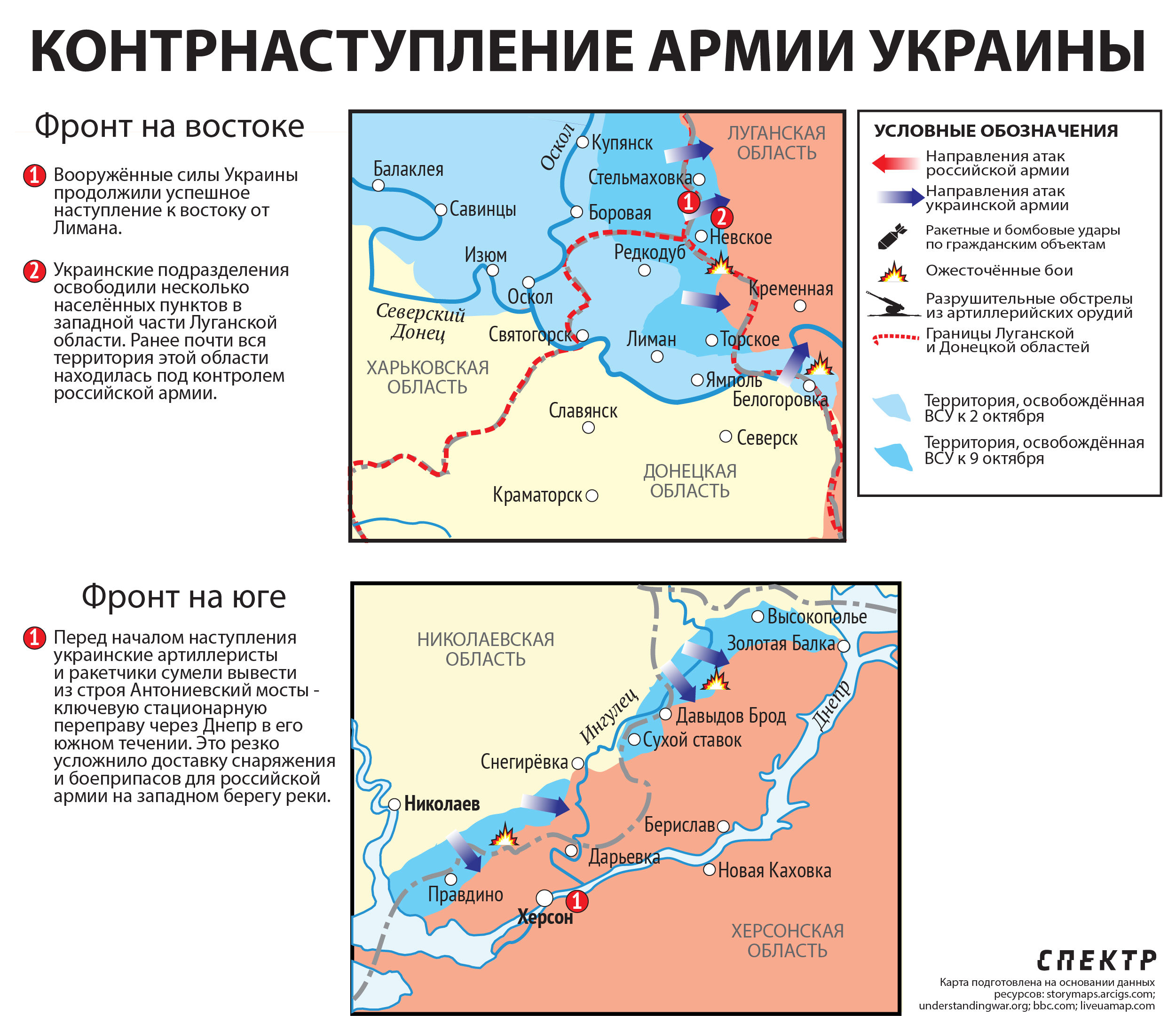 Карта значимых событий войны в Украине на линии соприкосновения в Донбассе 4-10 октября 2022 года.
