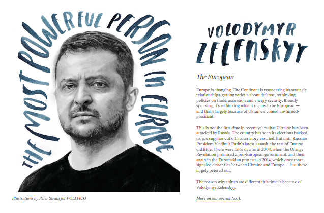 Владимир Зеленский - самый влиятельный европеец 2022 года по версии издания Politico. Скриншот с сайта издания
