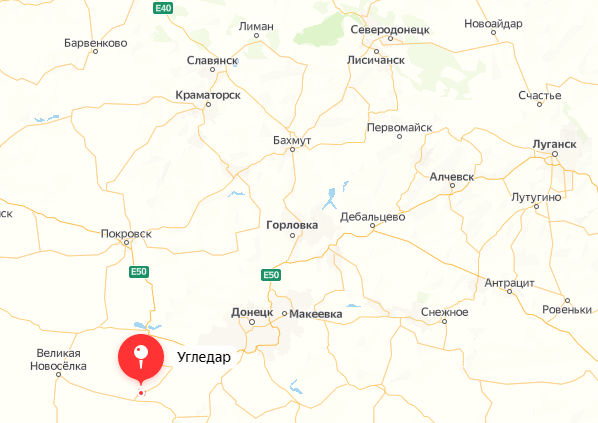 Угледар на карте Донбасса. Скриншот Яндекс Карты