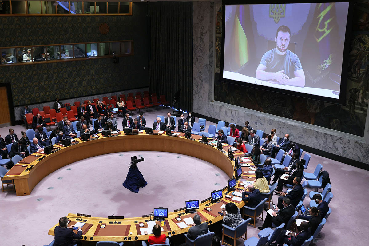 Члены Совета Безопасности ООН слушают выступление президента Украины Владимира Зеленского. 27 сентября 2022 года. Фото Michael M. Santiago/Getty Images/AFP/Scanpix/Leta