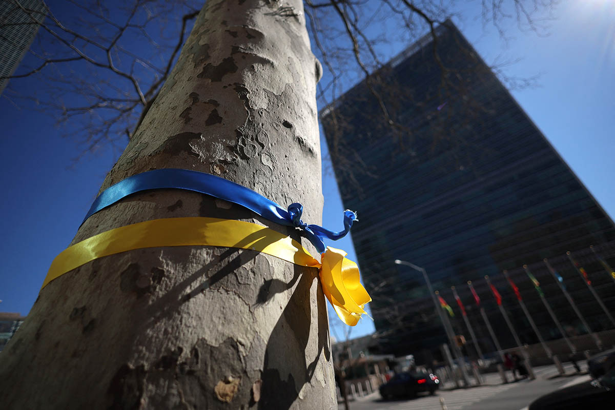 Ленты цветов украинского флага на дереве возле штаб-квартиры ООН. Фото Mike Segar/REUTERS/Scanpix/Leta