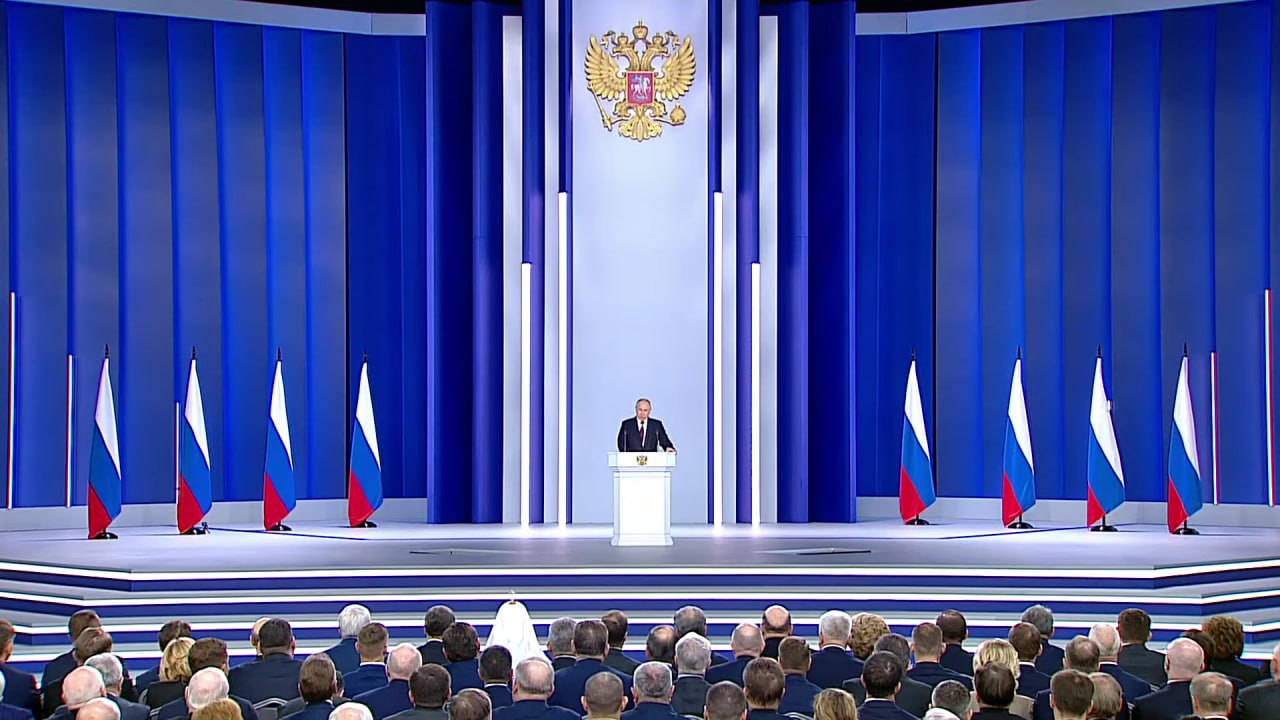 Обращение Владимира Путина к Федеральному собранию 21 февраля 2023 года. Кадр трансляции