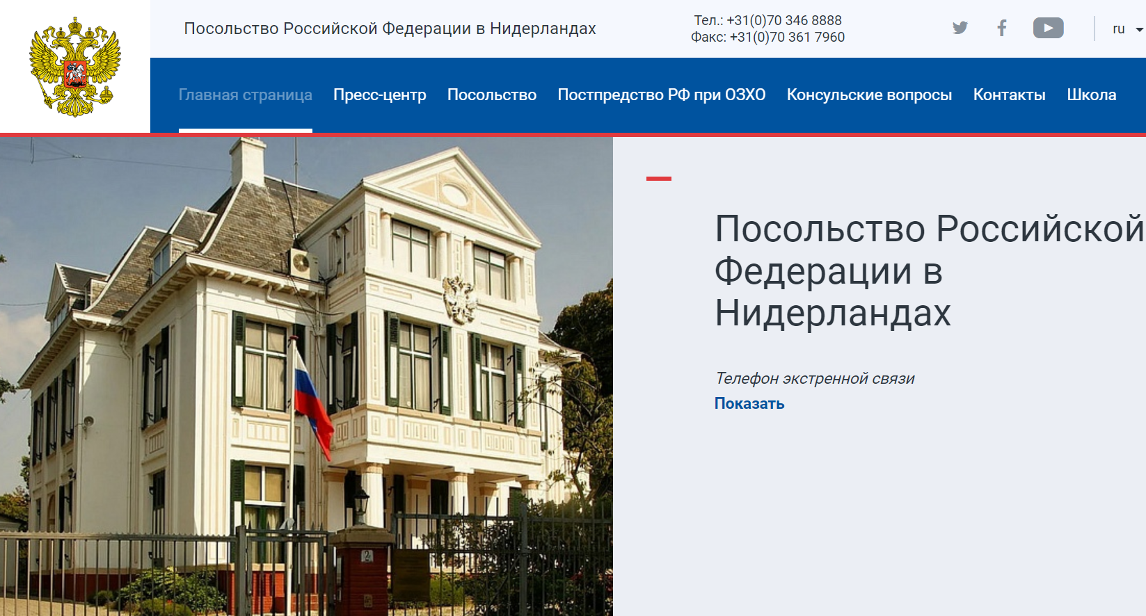 Сайт посольства РФ в Нидерландах. Скриншот.