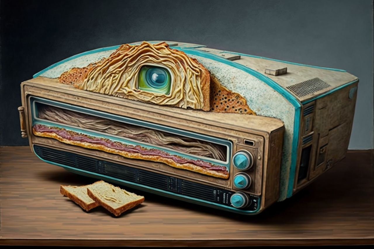 Картинка по запросу "сэндвич в видеомагнитофоне" создана нейросетью Midjourney