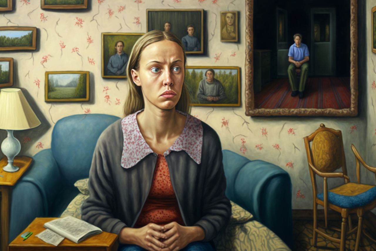 Картинка по запросу "женщина с потерей памяти на приеме у психоаналитика" создана нейросетью Midjourney