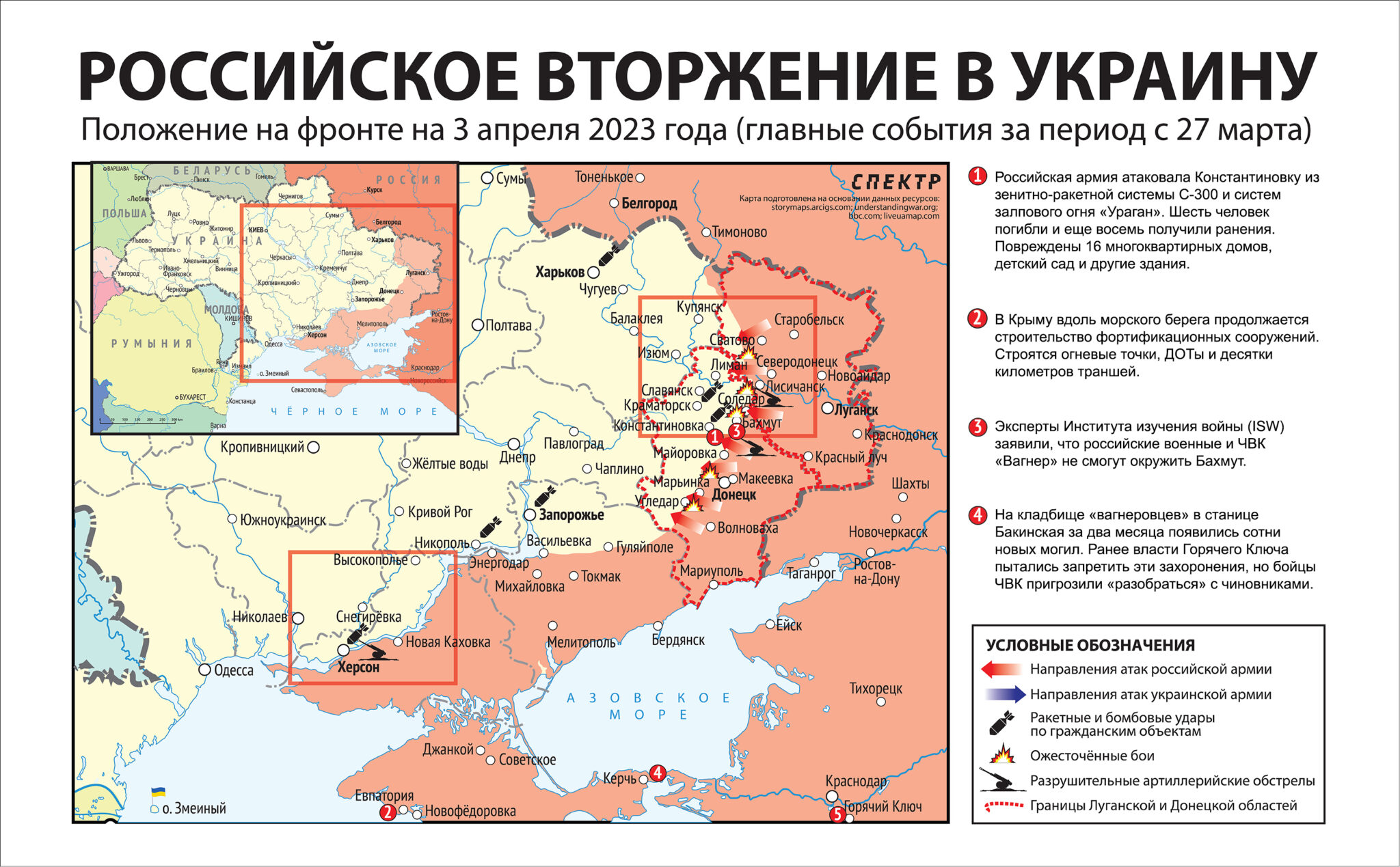 Карта значимых событий войны в Украине 27 марта —  3 апреля 2023 года