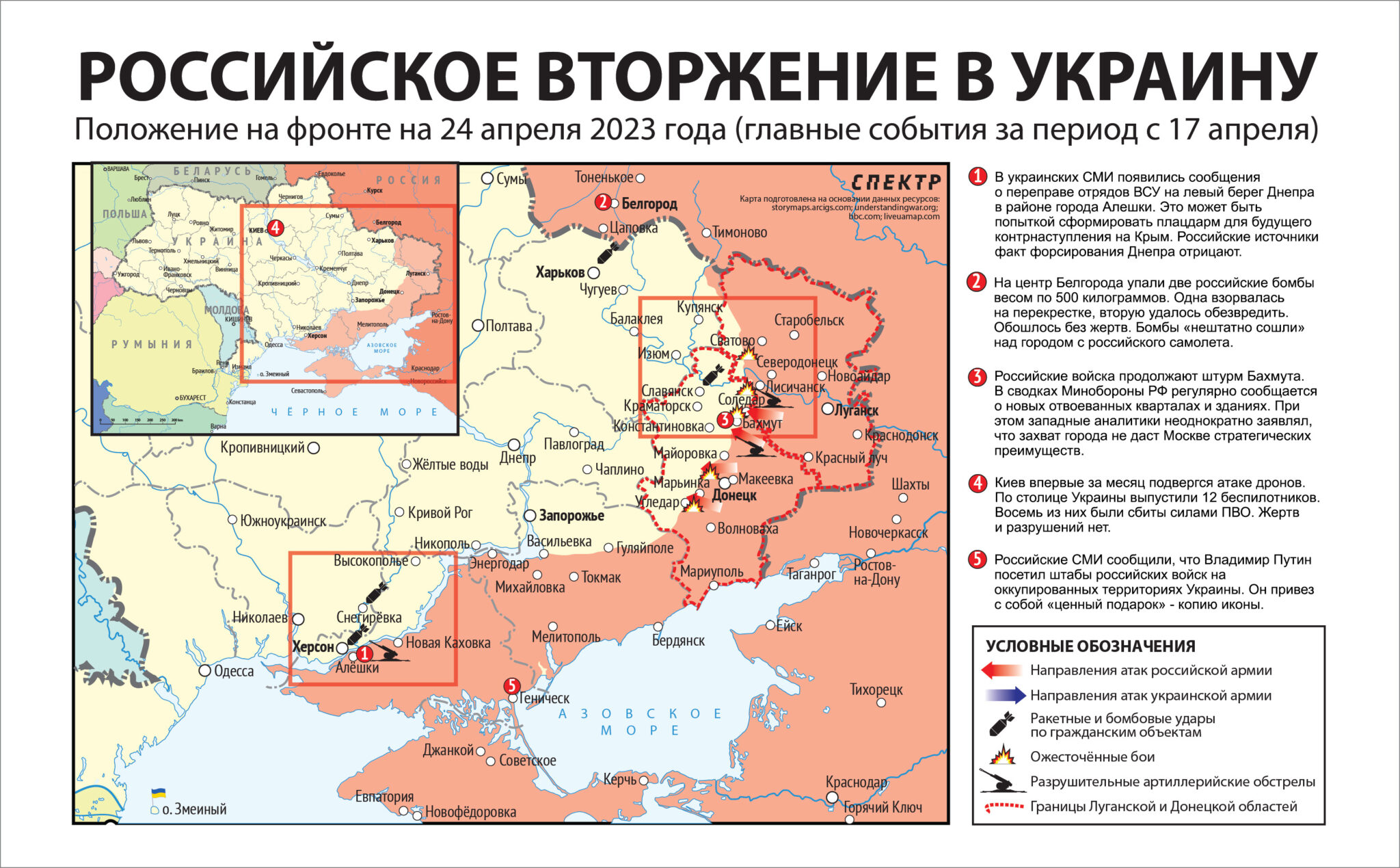 Там вдали, за рекой. Десант ВСУ на левом берегу Днепра, бомбы в Белгороде,  визит Путина в Украину - все новости войны за неделю на одной карте Спектр