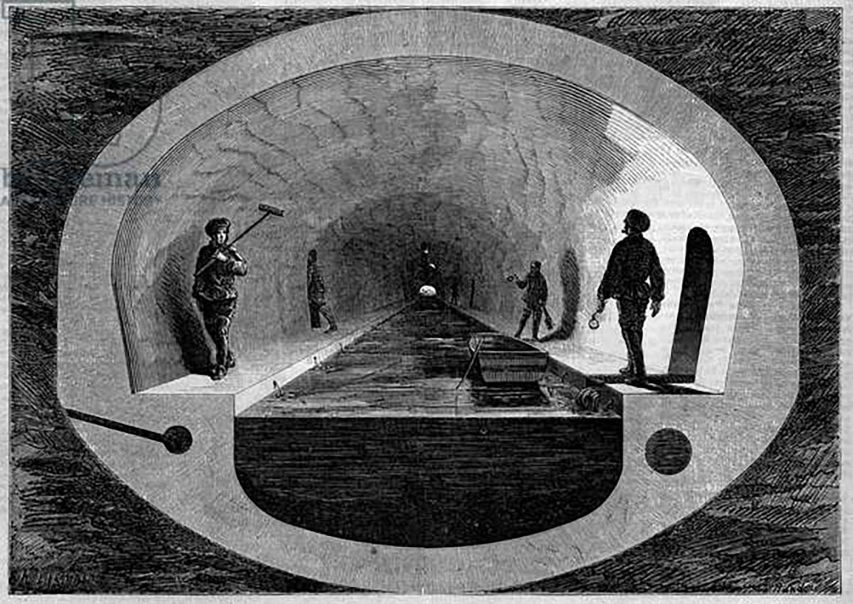 Строительство канализации, Париж, 1858 год. Гравюра, Stefano Bianchetti/Bridgeman Images
