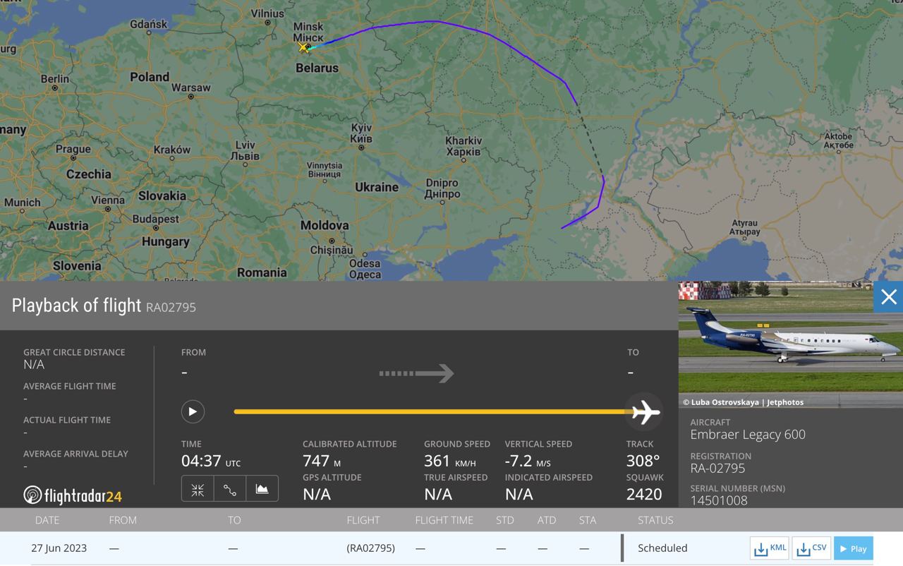 Маршрут полета бизнес-джета, который связывают с Евгением Пригожиным, в Беларусь. Скриншот сервиса FlightRadar24