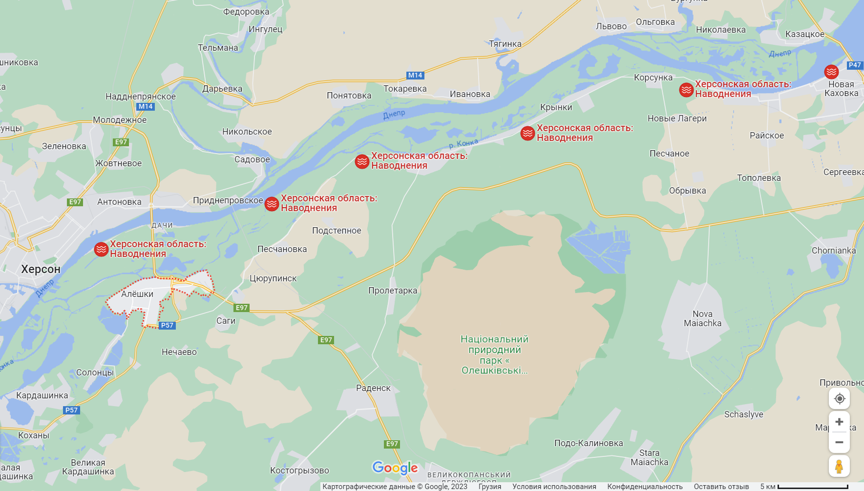 Район затопления от Новой Каховки до Херсона. Скриншот Google Maps.
