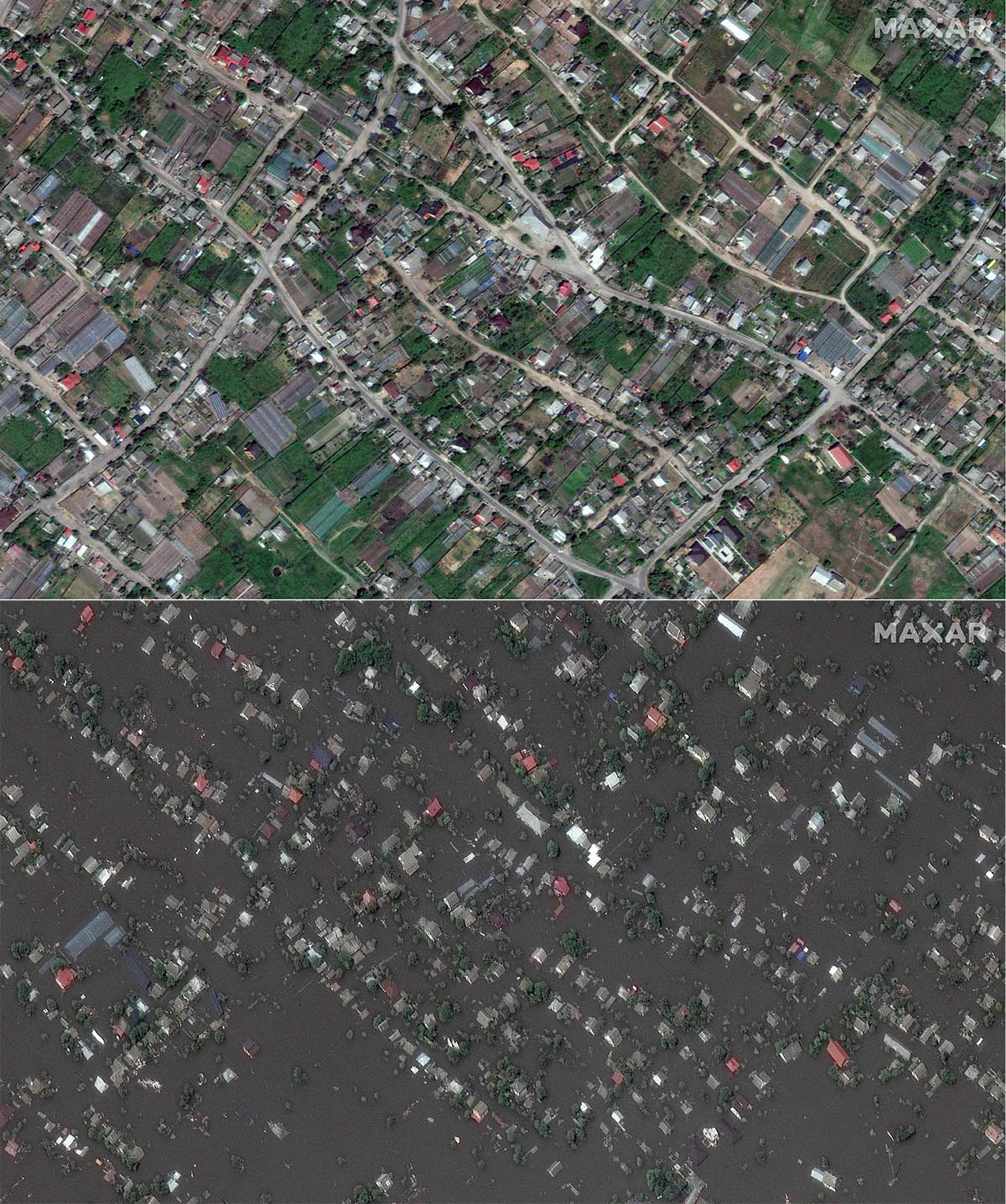 Спутниковые снимки города Олешки до наводнения 15 мая 2023 года и после наводнения 7 июня 2023 года. Фото Maxar Technologies/AFP/Scanpix/Leta