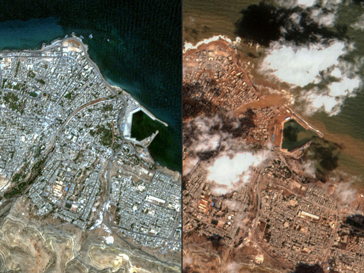 Город Дерн на востоке Ливии до ливневых наводнений 7 сентября 2023 года (слева) и во время ливневых паводков 12 сентября 2023 года (справа). Фото Satellite image/Maxar Technologies/AFP PHOTO/Scanpix/Leta