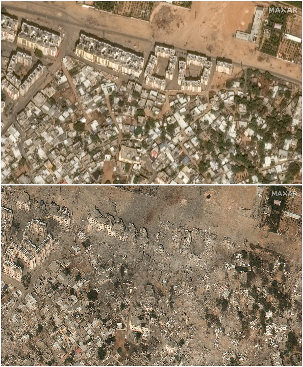Бейт-Ханун в секторе Газа 1 мая 2023 года (вверху) и 21 октября 2023 года (внизу). Фото Maxar Technologies/AFP/Scanpix/LETA
