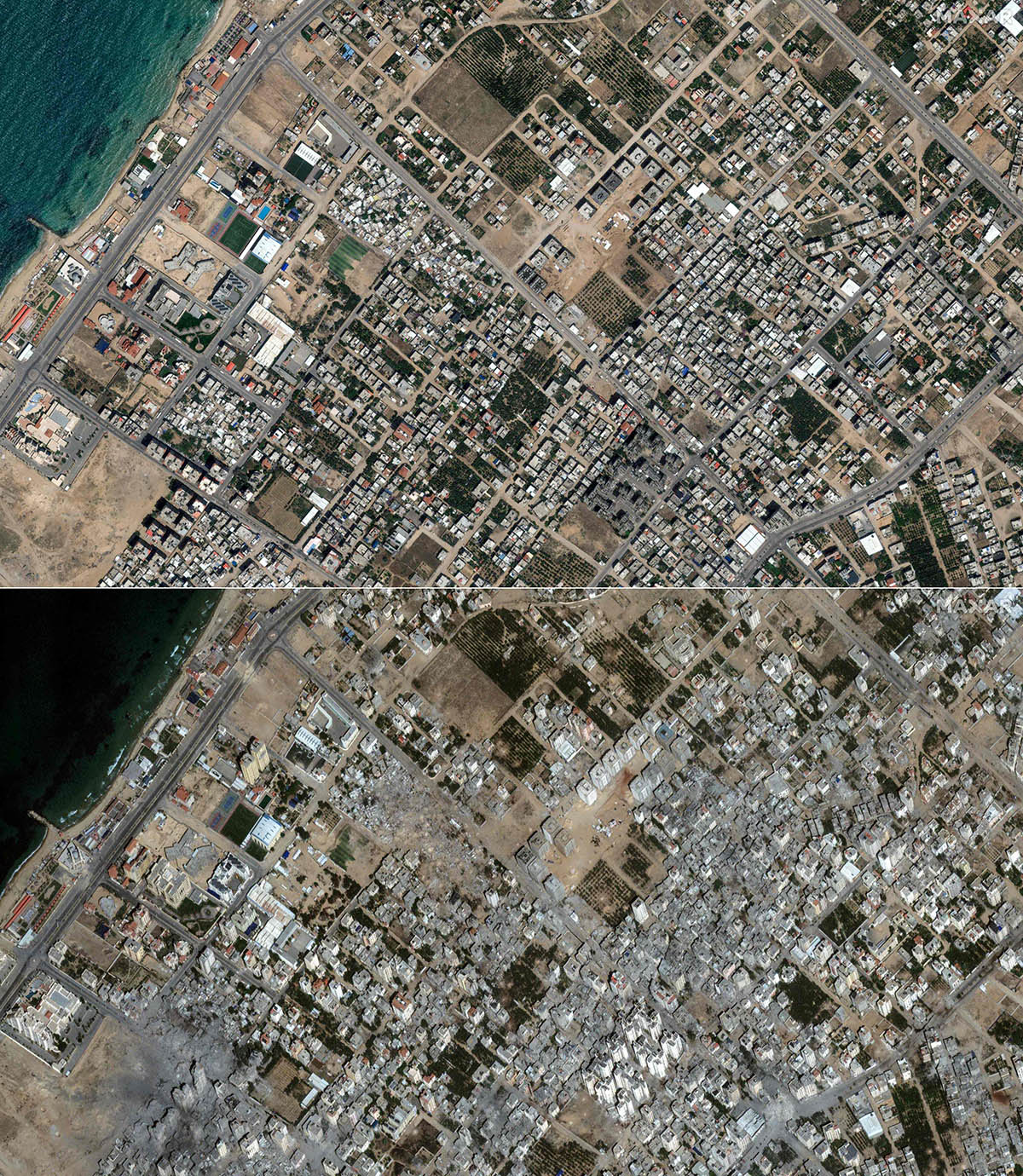 Район Аль-Караме в секторе Газа 10 мая 2023 года (вверху) и 21 октября 2023 года (внизу). Фото Maxar Technologies/AFP/Scanpix/LETA