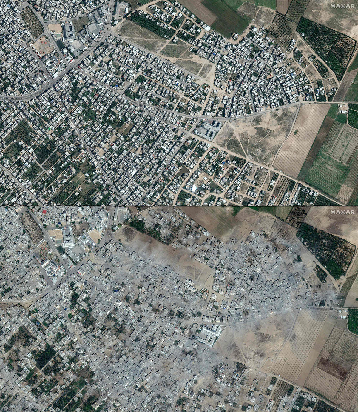 Бейт-Ханун в секторе Газа 1 мая 2023 года (вверху) и 21 октября 2023 года (внизу). Фото Maxar Technologies/AFP/Scanpix/LETA