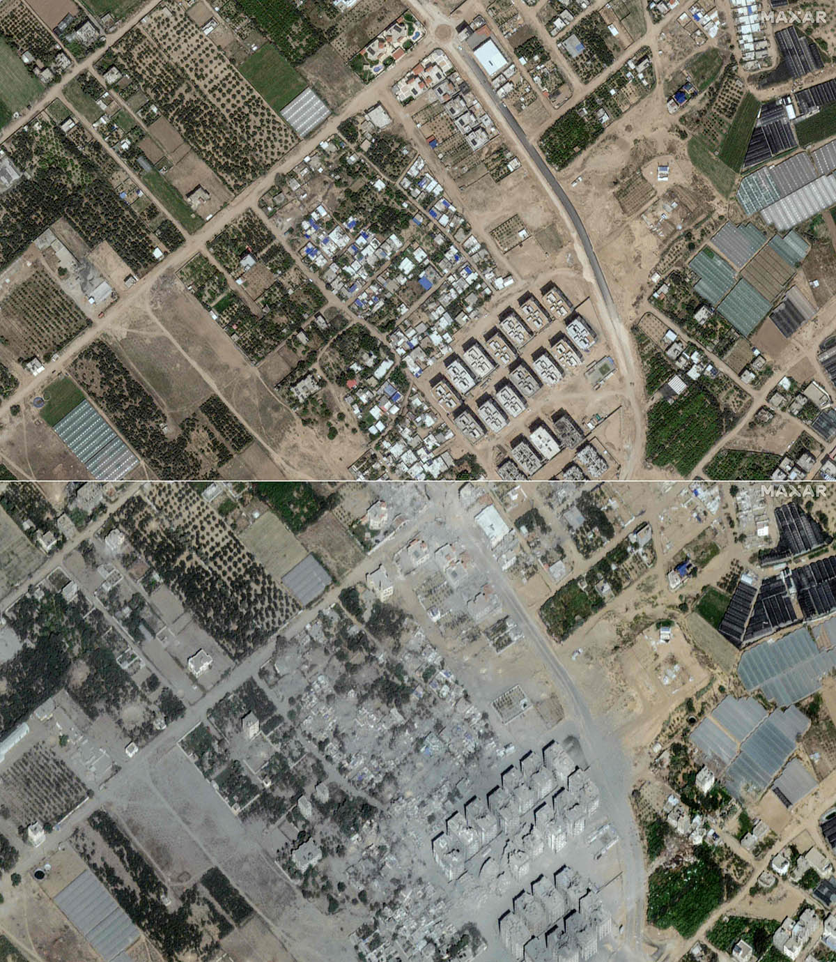 Атрары в секторе Газа 10 мая 2023 года (вверху) и 21 октября 2023 года (внизу). Фото Maxar Technologies/AFP/Scanpix/LETA