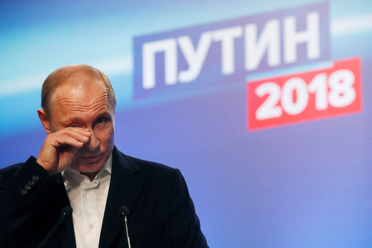 Владимир Путин в избирательном штабе в Москве, 18 марта 2018 года. Фото Sergei Chirkov/Reuters/Scanpix/LETA