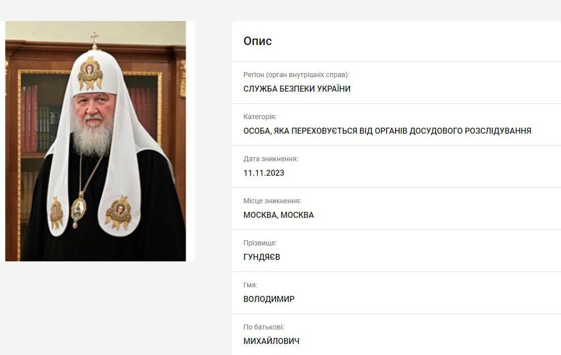 Карточка розыска патриарха Кирилла в базе МВД Украины. Скриншот.